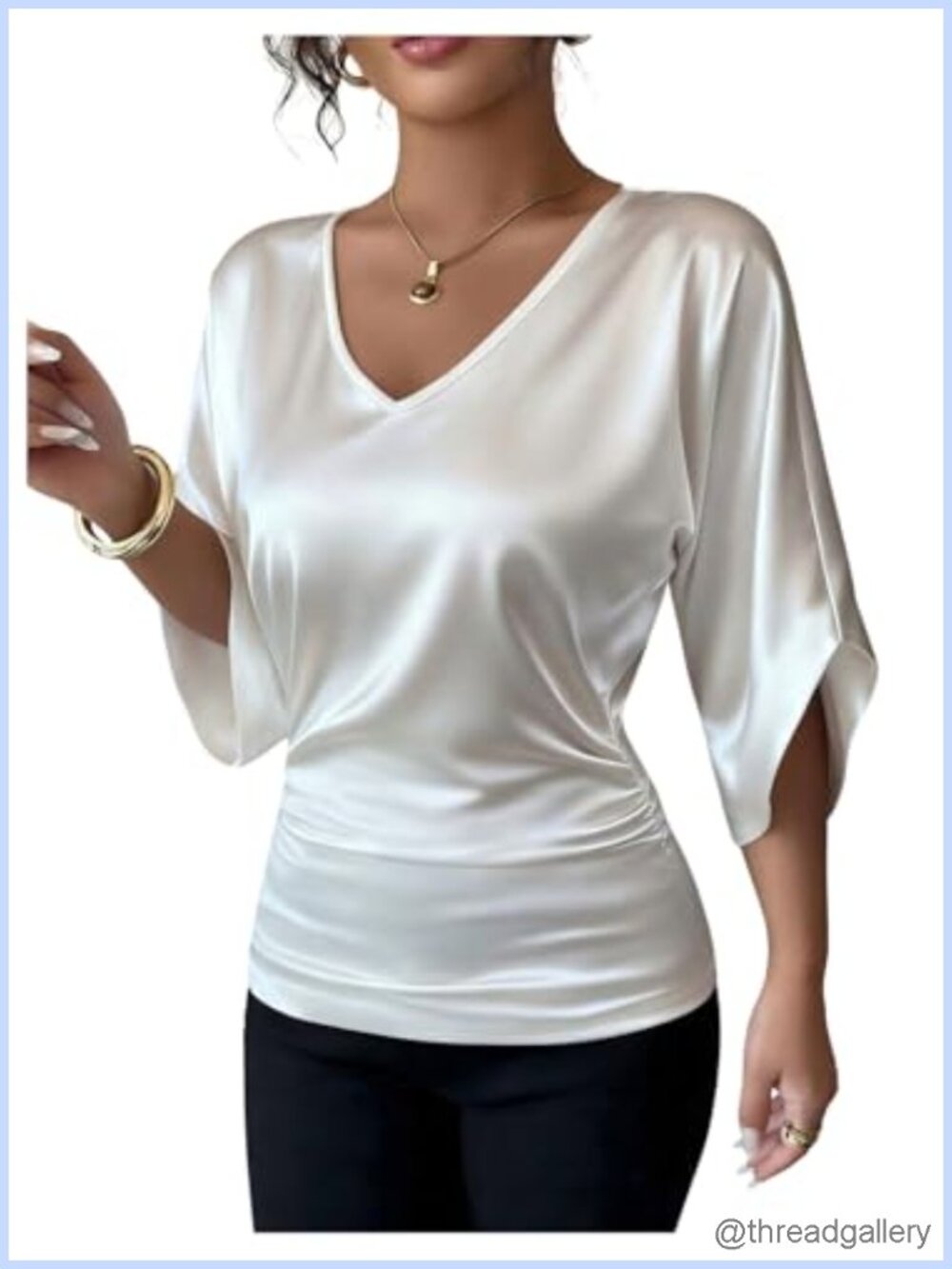 Satin Cinched Waist V-Neck 3/4 Sleeve Dressy Business Work Top